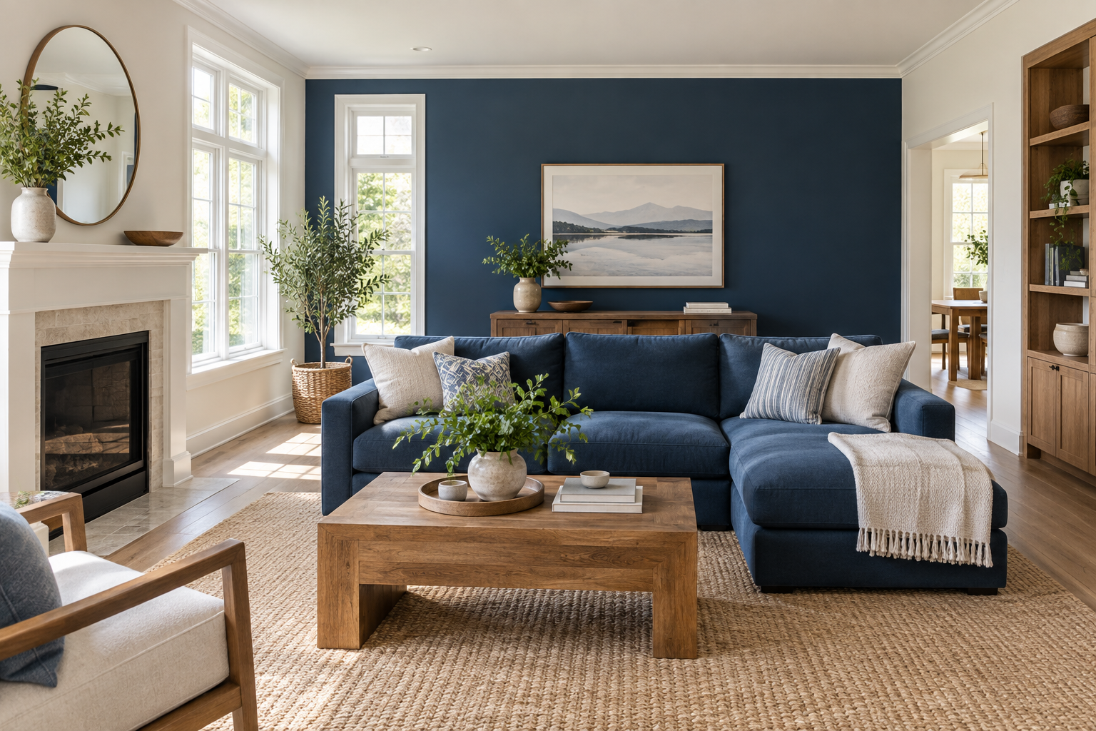Painting inspiration: a bright living room with a deep blue accent wall and light neutral walls